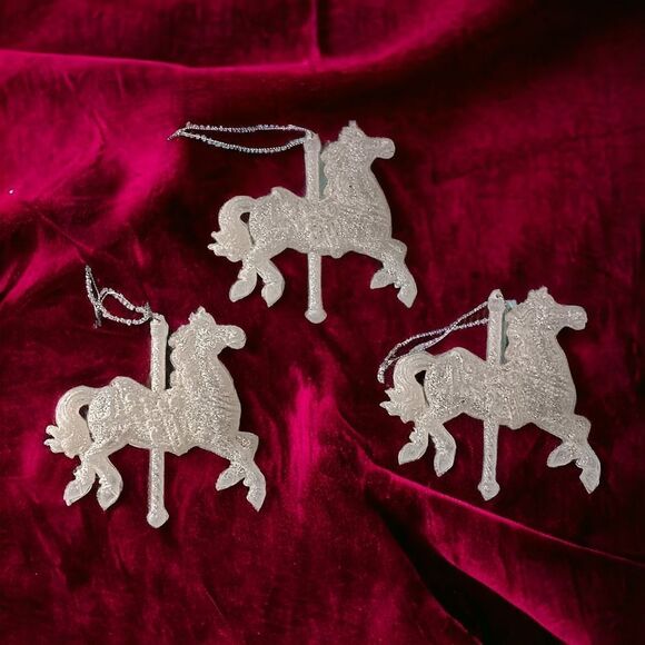 3 Glittery Acrylic Carousel Horse Ornaments Christmas Victorian Old World Style. - Picture 1 of 15